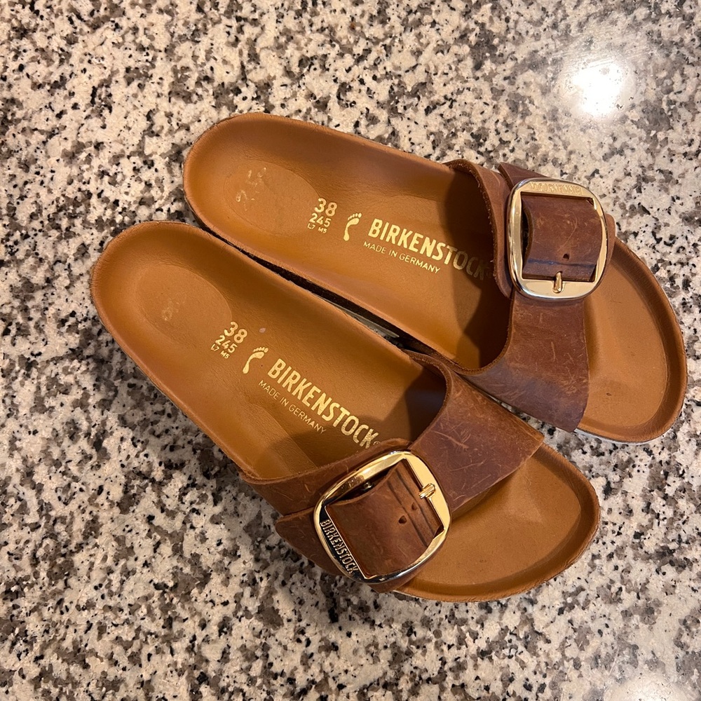Birkenstock Madrid Big Buckle in Cognac Leather Slide Sandals size 38 7.5/8